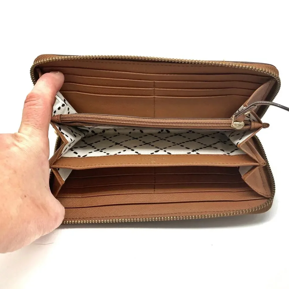 Kate Spade Cognac Saffiano Leather Zip Around Continental Wallet Gold Logo 2010s